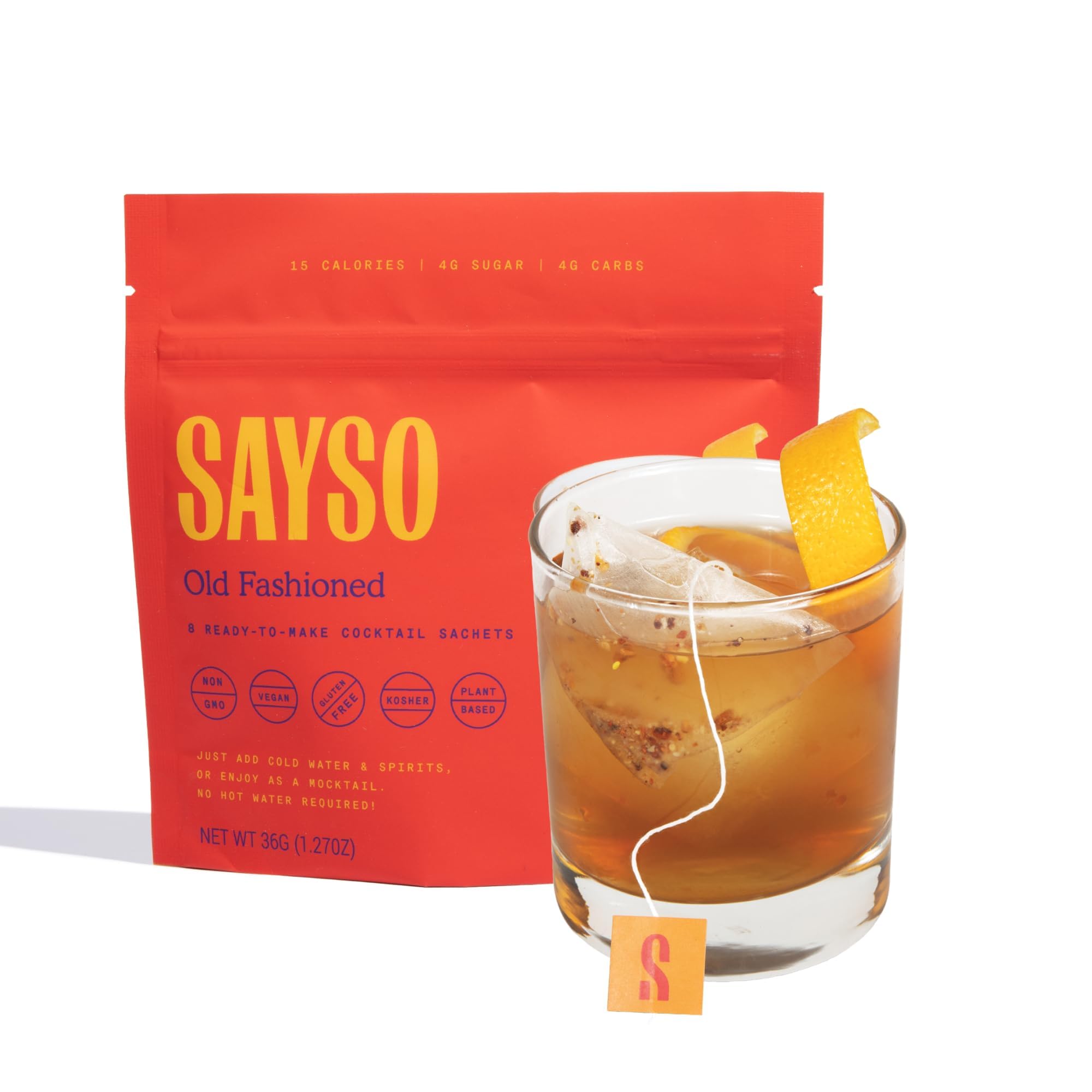 SAYSO Old Fashioned Craft Cocktail Tea Bag | Under 1 Min Steep | Bitters & Orange | Organic Gluten-Free & Non-GMO | 8 Co