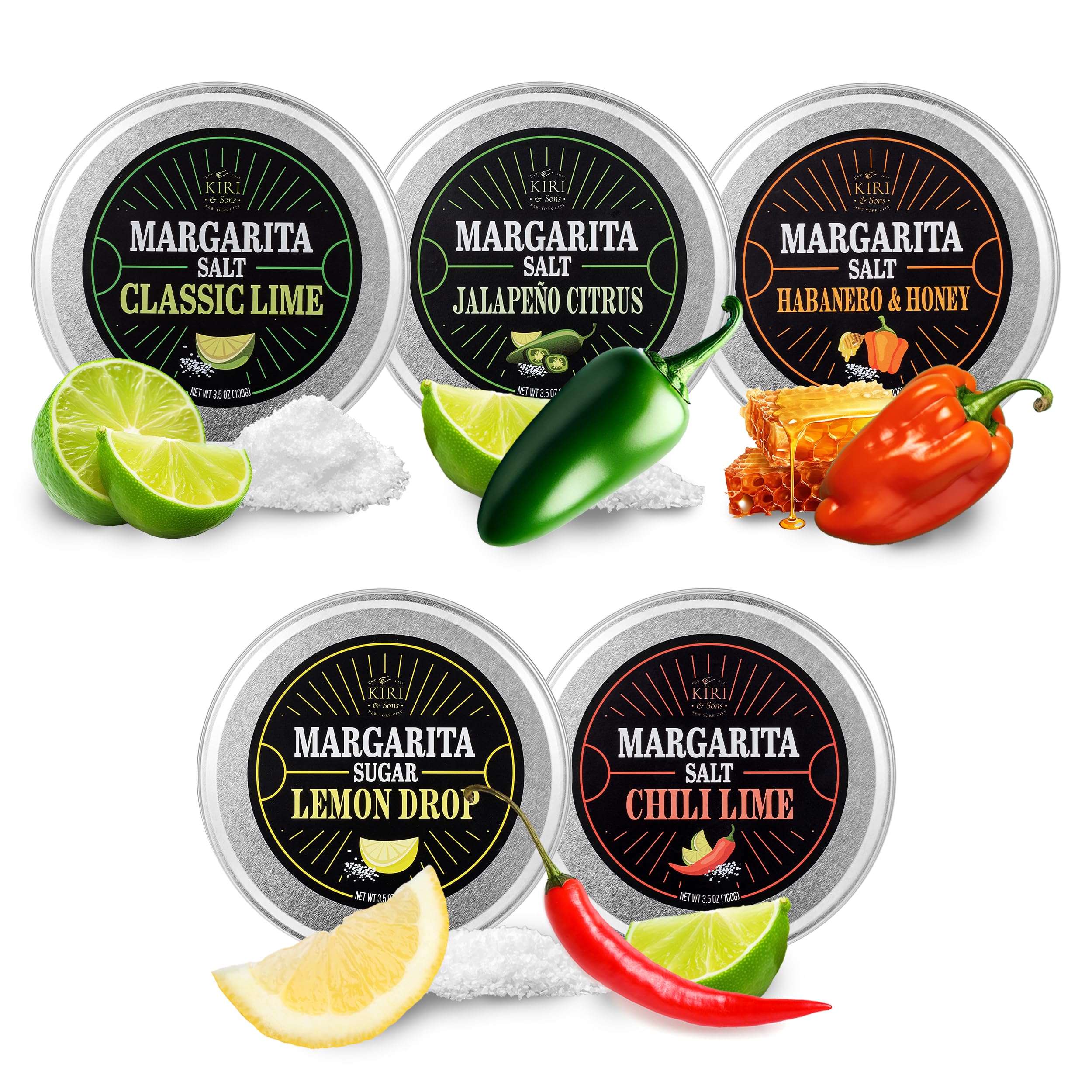 Kiri & Sons 5-Pack Premium Margarita & Cocktail Flavored Salt Rimmer - Chili Lime, Lemon Drop Sugar, Lime, Habanero & Ho